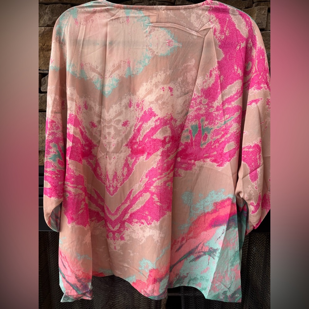 Umgee Pink Green Multicolor Abstract Flowy Blouse - Picture 2 of 6